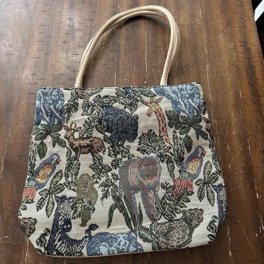 Vintage Tapestry Tote Bag Safari Animal Jungle Print Woven Handbag